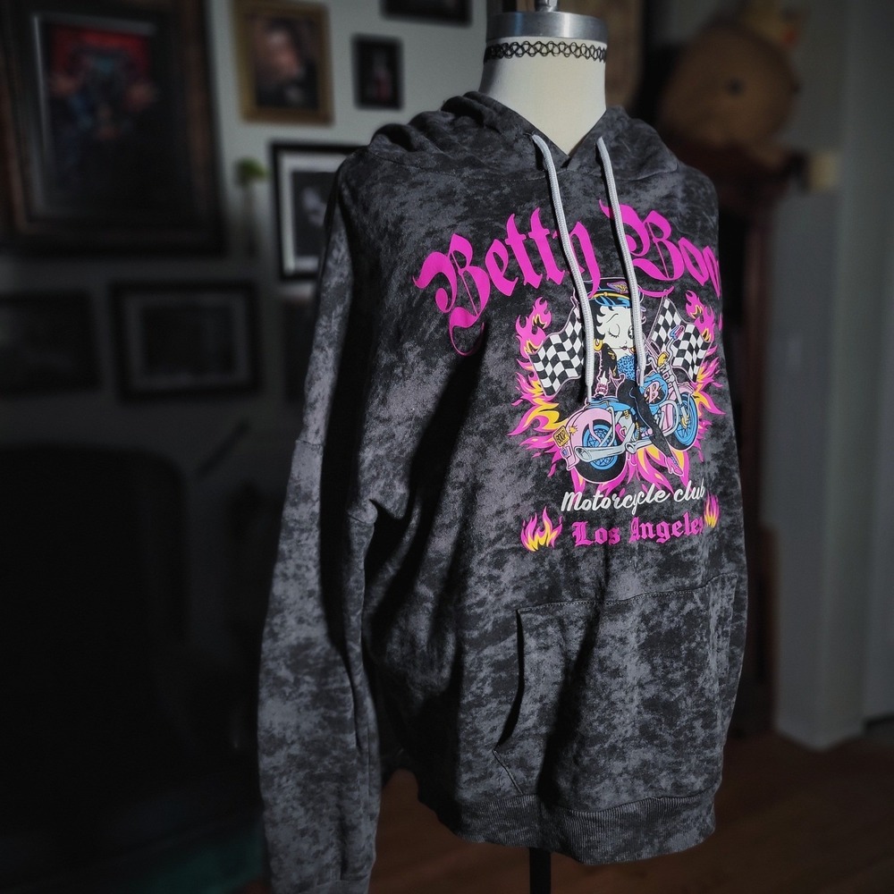 Betty Boop Hoodie Motorcycle Club Los Angeles Acid Wash Grey Pink Graphic XL 79 - Picture 3 of 8